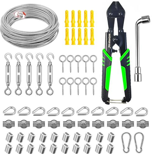 70 Piezas Cable Acero Inoxidable 304, 30 m Recubiertos de PVC de 3 mm, Tensor Cable Acero, para Luces de Cadena, Tendederos, Cuerdas para Colgar Cortinas (plata)
