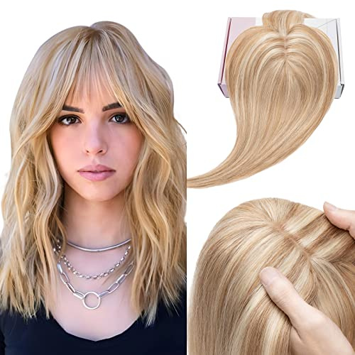 Elailite Haartopper Extensions Frauen Toupet mit Bang 100% Remy Echthaar 7 * 13cm Basis Clip in Haarverdichtung #12P613 Goldbraun＆Gebleichtes Blond - 35cm