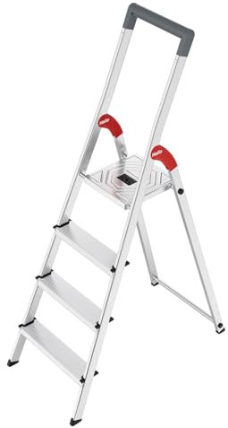 Hailo L51 StandardLine Sicherheits-Stehleiter – mit hochwertigem Sicherheitsbügel und Gelenkschutz - rutschsichere EasyClix Basic-Füße - bis 150 kg belastbar - inkl. integriertem Eimerhaken - Silber