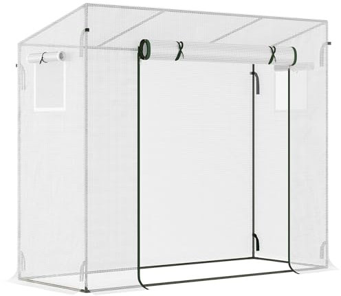 Outsunny Serra da Giardino con Porta Avvolgibile, 2 Finestre e Bordi Estesi, Serra per Piante in Acciaio e PE, 200x76x168 cm, Bianco