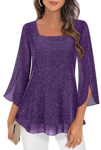 Syphiby Blusas de mujer con manga de 3/4, volantes, estilo túnica, sueltas, de gasa, cuello cuadrado, de doble capa, de malla, M-3XL, M