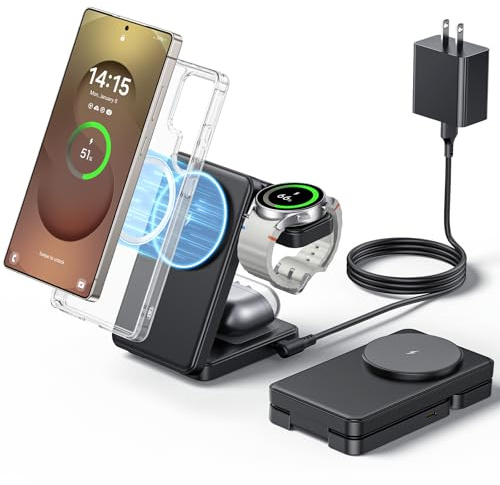 3 in 1 Magnetic Foldable Wireless Charger for Samsung | Fast Mag-Safe Charging Stand Station for Galaxy S26 Ultra Plus/Z Fold/Flip 8, Galaxy Watch Ultra/8 & Galaxy Buds/Pro