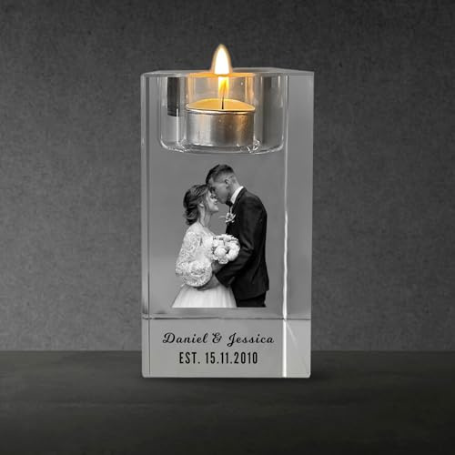 Naispanda Personalized Photo Crystal Candle Holder Personalized Crystal Tea Light Holders Custom Crystal Candelabra with Image Text for Anniversary Wedding Valentines Day Gifts, 5×5×10 CM