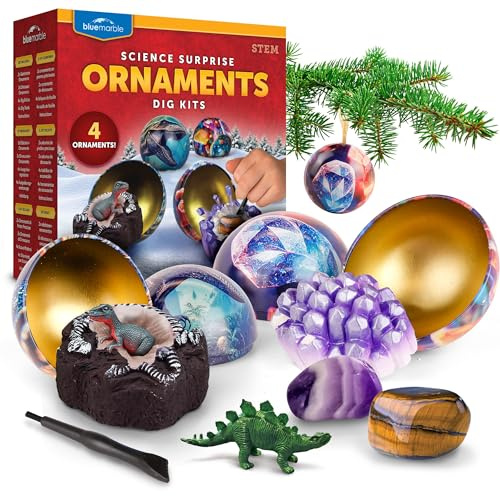 Blue Marble Wissenschaftliche Weihnachts-Dekokugeln – 4 Ornamente mit Edelstein- und Dinosaurier-Ausgrabung, inkl. Werkzeug und Lernheft