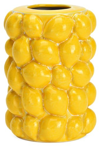 Blumenvase in Gelb mit Zitronen 3D Muster in Ø 12 x 16 cm - Moderne Keramik Vase als Frühlingsdeko