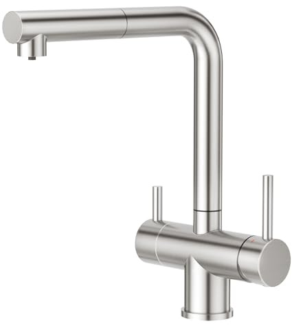 CREA 3 Way Kitchen Faucet with Pull Down Sprayer & Water Filter Built-in,Drinking Water Faucet for Kitchen Sink Purifier Water Filter,2 Handles Bar Faucet 1 Hole Brushed Nickel Stainless Steel