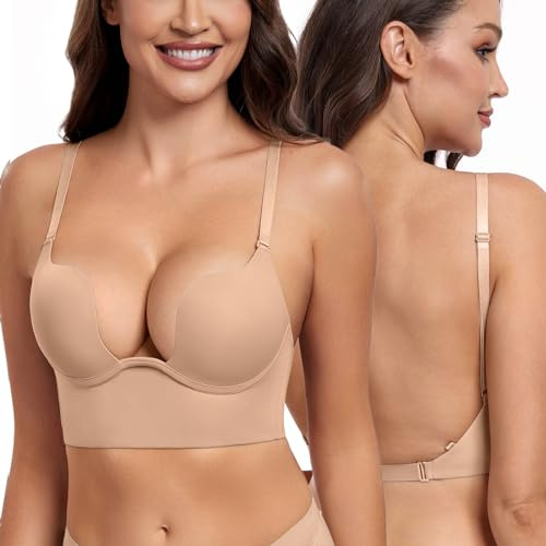 DotVol Damen Rückenfrei Multiway BH Niedrigem Rücken Push Up Bra Tiefer U-Ausschnitt Unterwäsche(Beige, 80A)