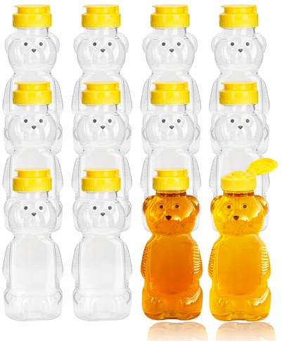 KEJJNYER 12 Pack Honey Bear Bottle 12 oz, Reusable Plastic Honey Bear Jars Bulk with Yellow Flip Top Lid for Storing and Dispensing(350ml /12oz)