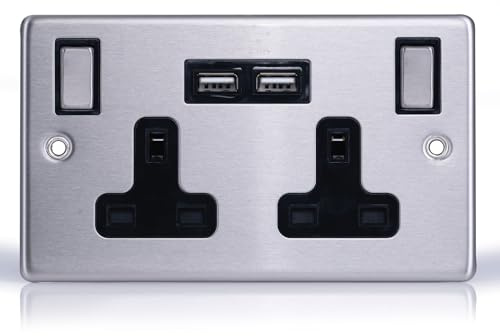 Status Stainless Steel Double Switched Power Plug Wall Socket with 2 x USB Ports, 13 Amp, 2 Gang, Wall Socket, Screw Through, Pack of 1 (SSS2G13A2USBSWS8)