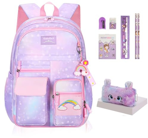 QJHEC Kawaii Rainbow Backpack for Girls – Cute Starry School Bags for Kids & Teens with Plush Pen Case & 6-Piece Study Supplies Set, Children's Bookbag for Elementary – Purple 17inch