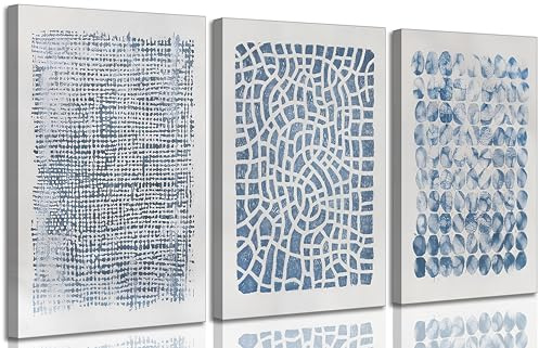 3 Pcs Modern Navy Blue Abstract Canvas Wall Art Minimalist Neutral Geometric Blue Lines Pictures Wall Decor Posters Print Artwork for Living Room Bedroom Office Home Decoration