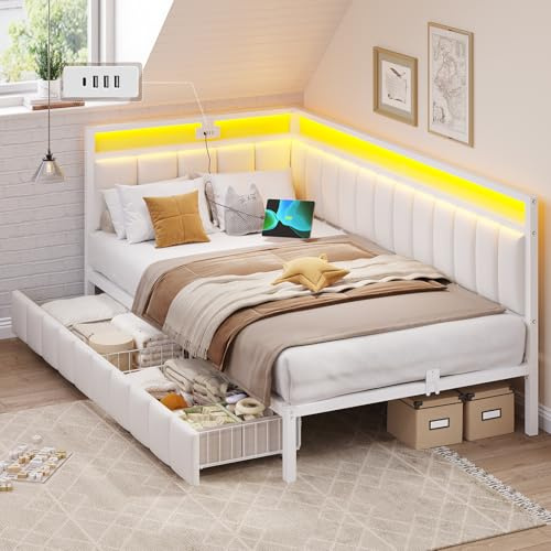 DICTAC Jugendbett 90x200 mit LED-Beleuchtung und USB-Ladestation Schlafsofa 90x200 mit Lattenrost aus Metall und 2 Schubladen, Polsterbett 90 x 200,Einzelbett,Gästebett,Bettgestell-ohne Matratze,Beige