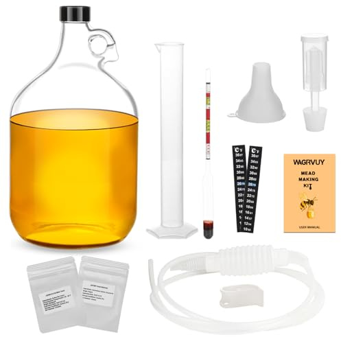 Mead Making Kit for Beginners - Complete Home Brewing Starter Set with Reusable Supplies, 1 Gallon Honey Wine Fermentation Jar with Yeast & Nutrients Airlock Stopper Hydrometer & Operation Guide