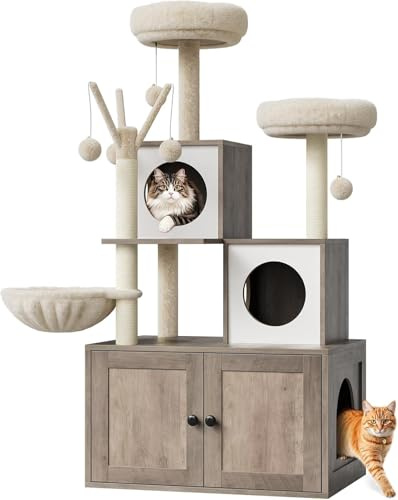 Mueble de cama con árbol para gatos – Funda y cabaña integrados con rascador sisal y plataforma Doudou – Mueble de gato moderno de madera – Gris
