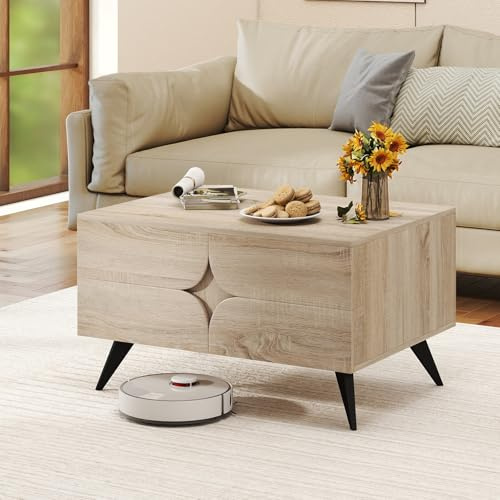 GIANTEX Couchtisch mit Stauraum und 3 Türen | Wohnzimmertisch Holz mit offenem Fach, Sofatisch Eiche, rechteckiger Beistelltisch 80 x 60 x 46 cm