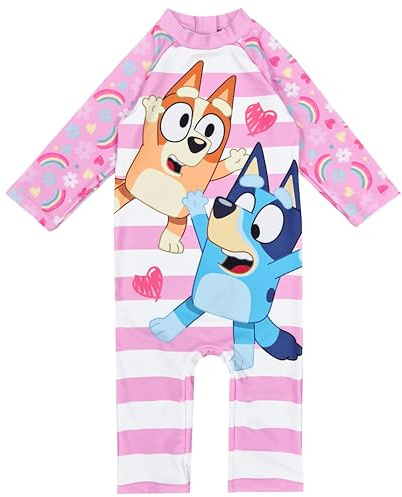 Bluey Girls Swimsuit Long Sleeved Swimming Suit All in One Costume UPF50 Sun Safe Striped, 2-3 Years Multicoloured