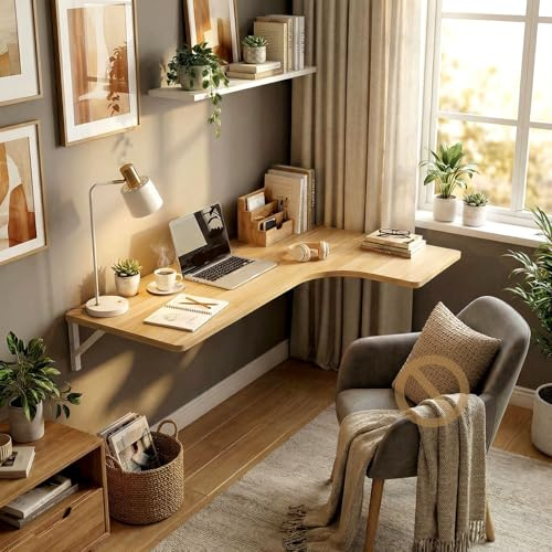 MBBTAG Tavolo da Parete Pieghevole a Forma di L in Legno, Scrivania a Scomparsa Salvaspazio, Tavolo da Lavoro Richiudibile Montato a Parete per Cucina, Soggiorno e Camera, Garage(Natural,100x60cm)