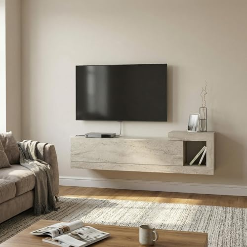 moebel17 TV Lowboard 150 cm – Modernes Lowboard TV Schrank – TV Board Wohnzimmer – Fernsehtisch Steinoptik – TV Möbel Sideboard Modern – Modell Bliss (Beige Trawertin Optik)