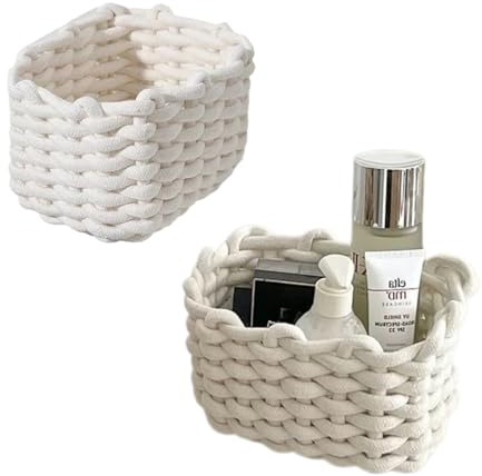 2 Piezas Canasta de Cuerda de Algodón Tejida,Cesta Trenzada de Algodón,Cesta Pequeña Trenzada para Decorar la Habitación de un Bebé Armarios,Salones,Juguetes,Cambiador,Cuadrada,Blanco