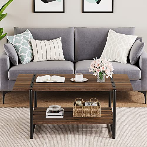 Garvee Mesa de Centro Rectangular rústica de 2 Niveles – Madera Gris con Estante de Almacenamiento – Ideal para salón u Oficina – Fácil de Montar – 104 cm – Color: Nogal Oscuro
