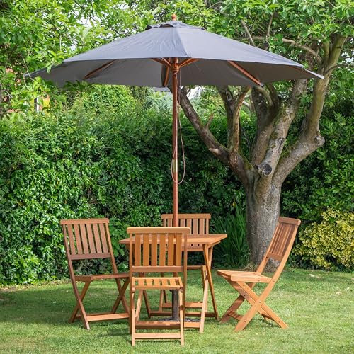 Samuel ALEXANDER Outdoor 4 Person Folding Square Wooden Garden Dining Table with Chairs, Grey Parasol and Parasol Base Set