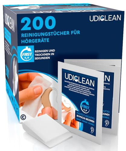 200 Udiclean Reinigungstücher für Hörgeräte Einzeln verpackte Feuchttücher entfernt Fett Schweiß Schmutz schnelltrocknend