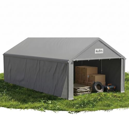 QEENTOE Lagerzelt 4x8 m Wasserdicht Reißfest, Stabiler Industriezelt Garagenzelt mit geschlossenen Wänden, Robuste PVC & PE-Plane für Lagerung Auto und Außenbereich Grau