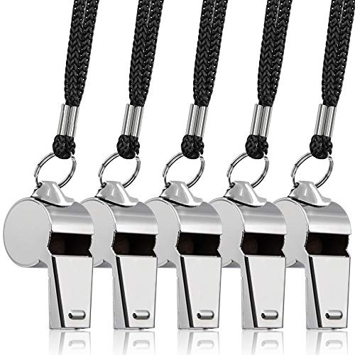 5-pack rostfritt stål visselpipa, fin bra hög metallvisselpipa med snodd för domare tränare livräddare överlevnad nödsituation fotboll basket fotboll fotboll fotboll hockey