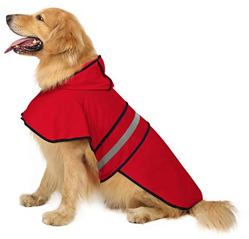HDE Hunde-Regenmantel mit Kapuze, für kleine bis große Hunde und Welpen, Rot, Größe L