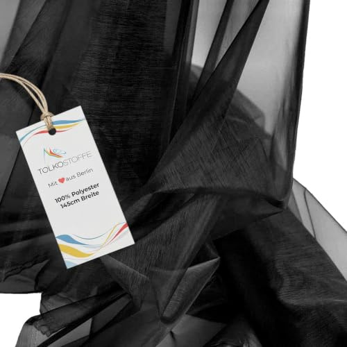 TOLKO 1m Organza Stoffe zum Nähen Meterware | Hauch Zart, Fein, Durchsichtig | zum Dekorieren Basteln 145cm breit | leichter Glanz Stoff für Gardine Vorhänge Tischdecken Deko Schals (Schwarz)