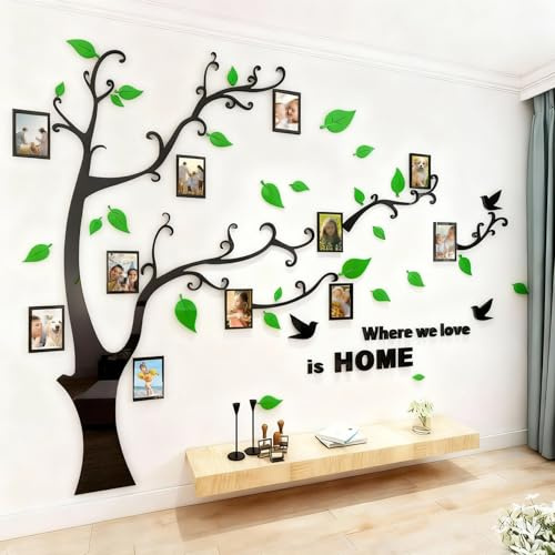 Wandtattoo Baum 3D DIY Wandaufkleber Family Stammbaum Fotowand Baum Wandtattoo Wall Sticker mit Bilderrahmen Foto Wandsticker Wanddeko Deko Wohnzimmer Schlafzimmer (Grun Rechts,XL)