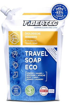 FIBERTEC Travel Soap Eco 500ml - 3-in-1 Reise-Seife flüssig | Körperpflege, Waschmittel, Geschirrspülmittel, Made in Germany