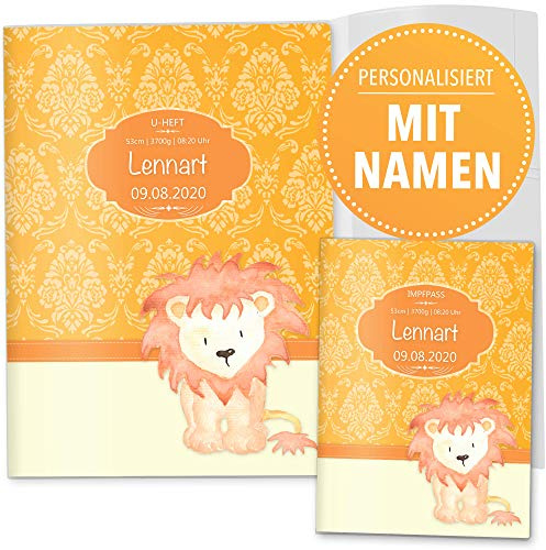 OLGS U-Heft- und Impfpasshüllen Set 3-teilig | Afrika Safari | Hüllen für Baby Untersuchungsheft & Impfpass personalisierbar mit Namen, Geburtsdatum (Uhefthülle, Impfpasshülle personalisiert, Löwe)
