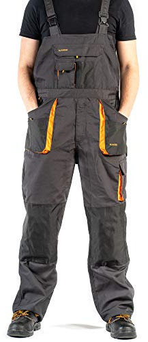 ART.MAS Classic Bib and Brace Dungaree Overalls, Pro Wear Workwear, S-3XL Size - Multipockets, Pocket For Knee Pads, Durable Triple Stitched Seams, 2 colors (30/32-48EU, Grey-Orange)