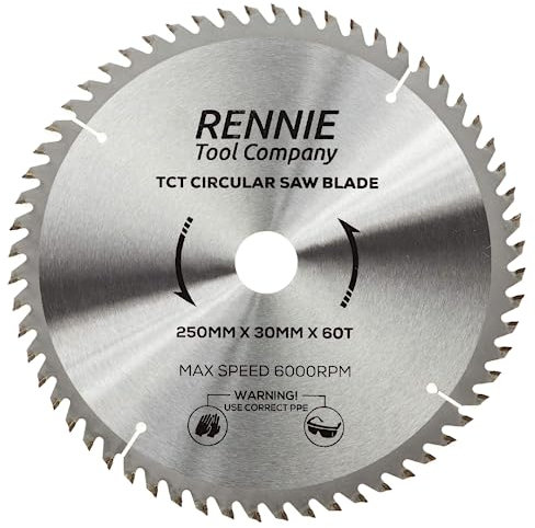 Rennie Tools TCT Kreissägeblatt, 250 mm x 30 mm x 60 Zähne, inkl. Reduzierringe für 25 mm, 20 mm und 16 mm Bohrung. Kompatibel mit Bosch, Makita, Dewalt Kreissägen usw. Passend für 255 mm Kreissägen