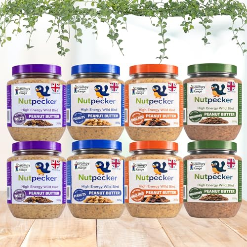 Grumpy Gardener NutPecker Peanut Butter Bird Food for Wild Birds, 8 x 330g | Mixed Variety Suet Bird Food, High-Energy UK-Made Wildbird Feed with Peanut Butter for Garden Birds, Hanging Feeders