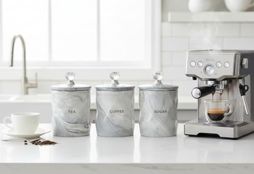 Biznest Set of 3 Marble Grey Style Crystal Containers For Coffee Tea Sugar Kitchen Storage Tins, Canisters Grey
