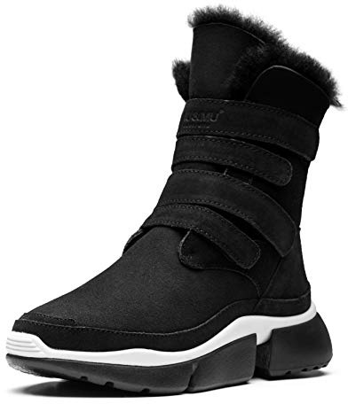 AUMU Classic Retro Hook and Loop Suede Sheepskin Elevator Hiden Heel Winter Snow Boots Black Size 10