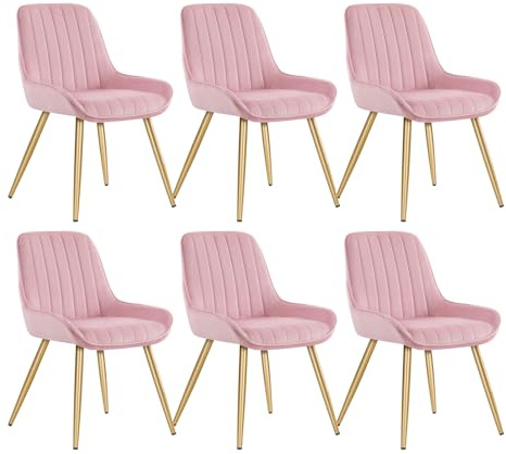 Lestarain 6-delad matstol, retro köksstol, vardagsrumsstol, sammetssits, retrostol med metallben, besöksstol, stol för matsal, vardagsrum, kök, rosa