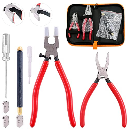 Sweet Kit de 9 herramientas de corte de vidrio, alicates rompedores y alicates para correr de mandíbula curva con puntas de goma, cortador de vidrio de punta de carburo