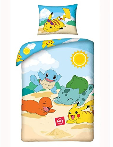 Halantex Parure de lit Pokemon Pikachu pour enfant 2 pièces. Parure de lit 140 x 200 + 70 x 90 cm - Housse de coussin beige bleu jaune - Coton certifié Öko-Tex