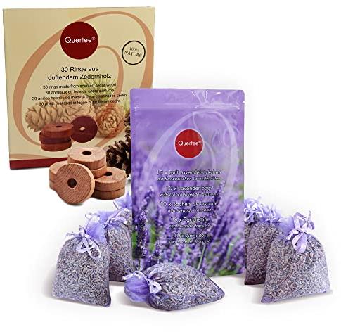 Quertee Mottenschutz im Kleiderschrank mit 10x Lavendelsäckchen + 30x Zedernholz Ringe - Lavendel Duftsäckchen und Zedernholz gegen Motten Mottenfalle