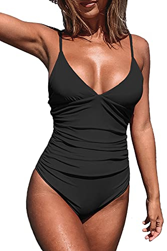 CUPSHE Maillot de Bain Une pièce pour Femme Col en V Profond Bretelles Spaghetti réglables Maillot de Bain froncé Devant Bas du Dos Noir L
