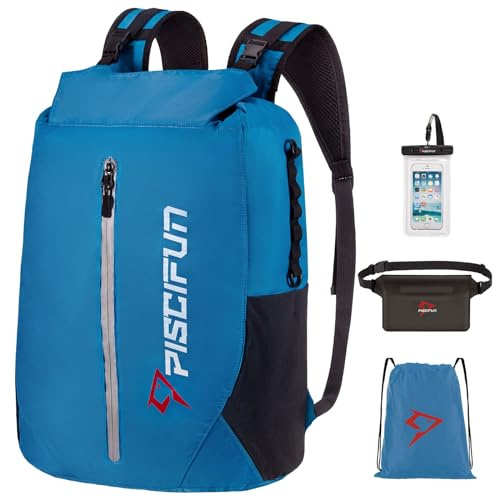 Piscifun Dry Bag Waterproof, Floating Dry Backpack, Lightweight Waterproof Dry Bag with Waist Pouch and Phone Case for Kayaking, Camping, Beach, Boating & Swimming for Men & Women Light Blue 20L