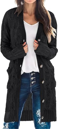 MEROKEETY Women's 2025 Long Sleeve Cardigan Sweater Fall Winter Cable Knit Open Front Button Long Outerwear, Black, M
