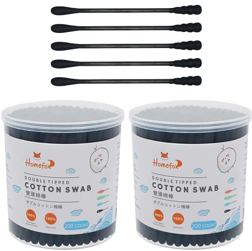 HOMEFOX Bastoncillos de algodón negro en espiral, 400 bastoncillos de algodón orgánico de doble cara envueltos apretadamente envueltos en carbón, palo de papel, suave, suave, sin pelusas, sin pelusas,