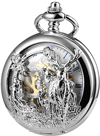 TREEWETO Unisex fickur analog handhiss retro ren skelett romerska fickklockor med kedja för män, silver, Klassisk