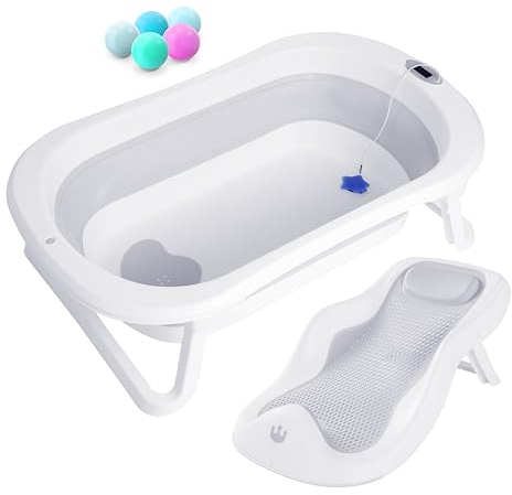 Bañera Plegable Bebé Con Asiento De Baño Antideslizante - bañera Bebe Plegable Con Termómetro - Asiento Bañera Bebe - Silla - Desde El Nacimiento Hasta Los 3 Años - Regalos De Nacimiento (GRIS)
