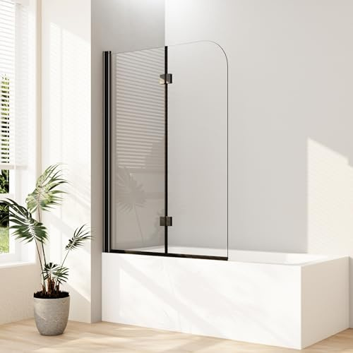 Duschwand für badewanne 110x140cm 2-teilig Schwarz Faltbar Badewannenaufsatz Duschtrennwand Duschabtrennung mit 6mm Nano Easy Clean Glas