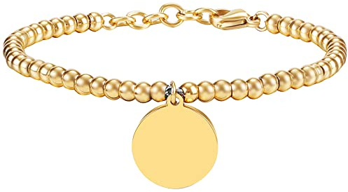 JewelryWe Schmuck Charme Damen Kugel Perlen Armband,Handgelenk Kugel Perlenkette mit Lucky Cat Katze Anhänger, Edelstahl Armreif, Silber Rosegold